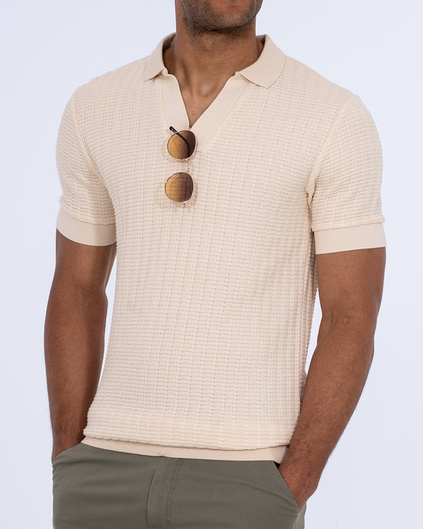 2t Vincent Tall Jacquard Open Collar Polo Shirt (cream)