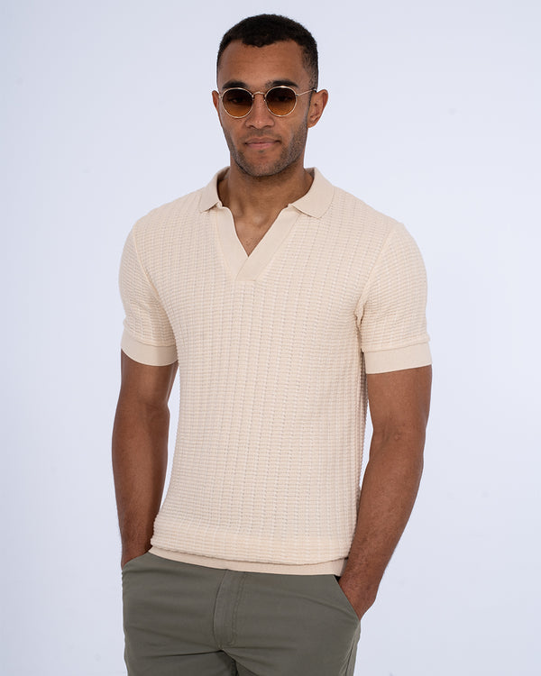 2t Vincent Tall Jacquard Open Collar Polo Shirt (cream)
