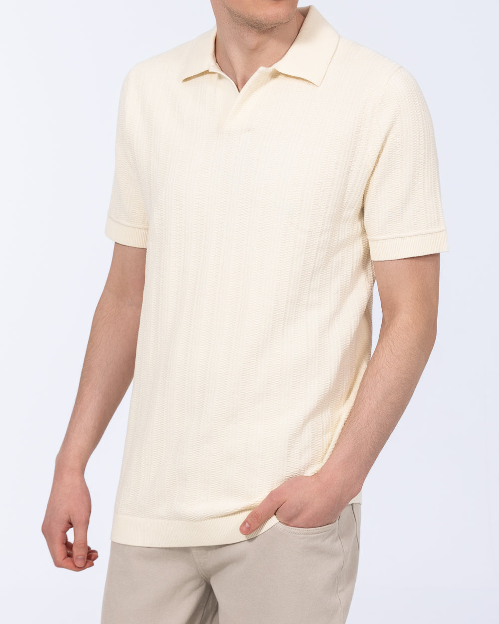 2t Victor Tall Mens Open Collar Textured Polo (cream) | Tall Mens
