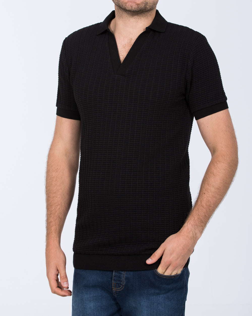 2t Vincent Tall Jacquard Open Collar Polo Shirt (black) | Tall