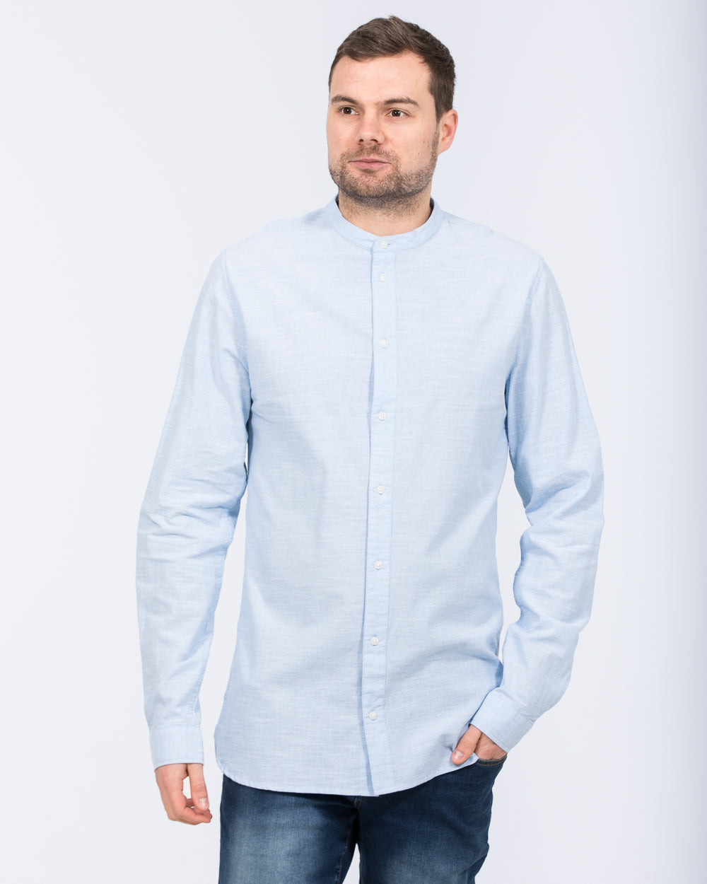 2t Tall Mens Extra Long Grandad Collar Shirt (blue) | Tall Mens