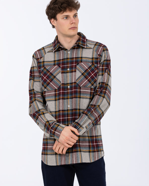 2t Bradley Tall Relaxed Fit Raglan Checked Shirt (grey/burgundy)