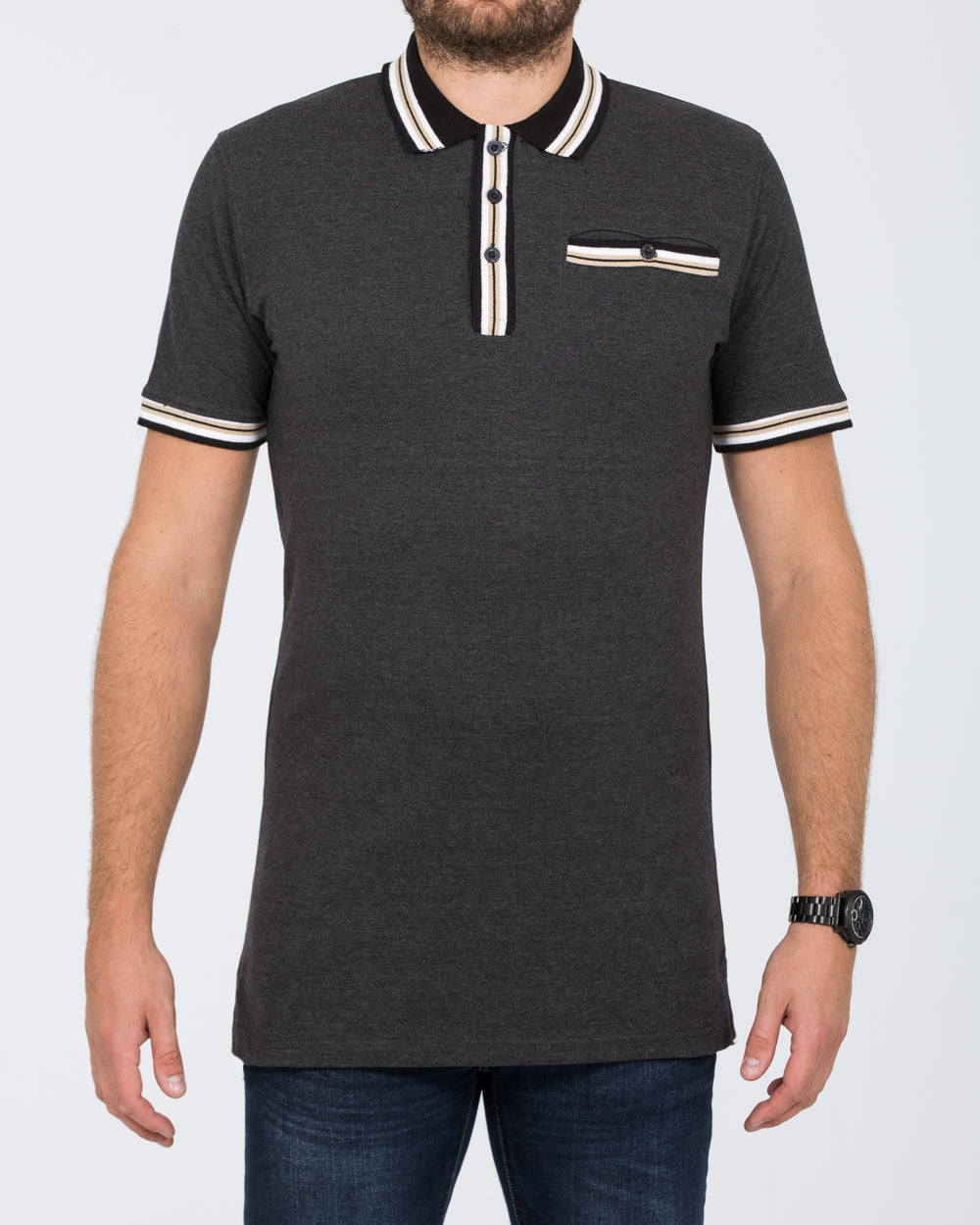 2t Slim Fit Pique Tipped Polo Shirt (charcoal)