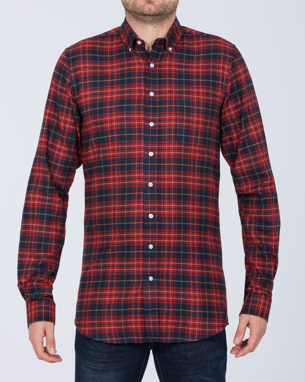 2t Slim Fit Long Sleeve Tall Mens Longer Checked Shirt (red / navy